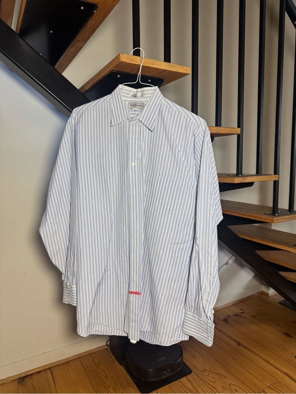 Burberry White and Light Blue Vertical Stripe Dress Shirt
